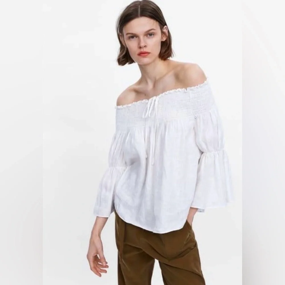 ZARA White Off-Shoulder LINEN Blouse size xl - Picture 1 of 5